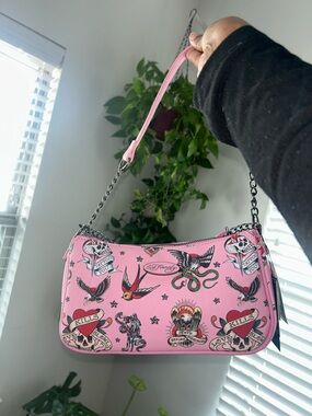 Ed Hardy Pink Tattoo Motif Chain-Handle Shoulder Bag